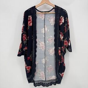 Belle Tweed Navy Floral Lace Trim Kimono Cardigan Women's Medium Lightweight